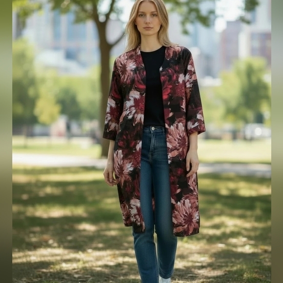 John Meyer of Norwich Jackets & Blazers - John Meyer Floral Burgundy Floral Patterned Long Coat Size 24W